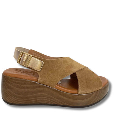 Brown wedge sandal with a gold buckle on a white background