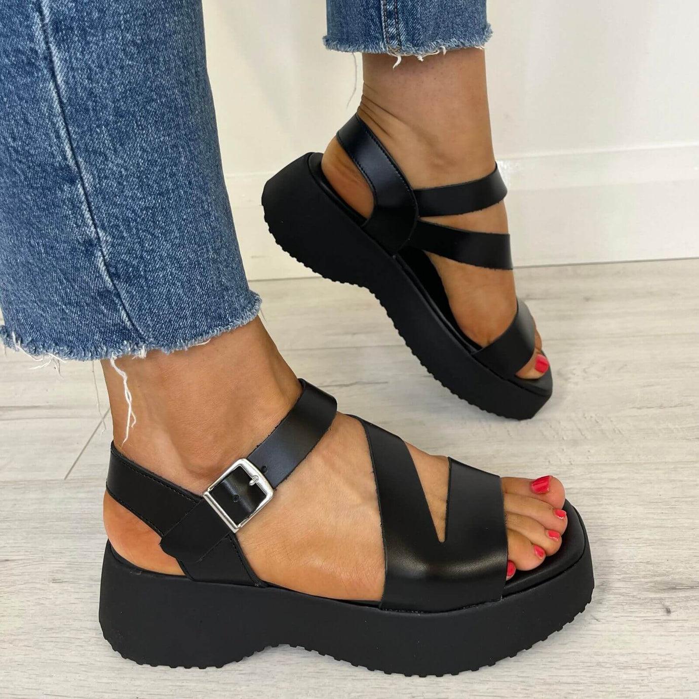 Chunky black buckle sandals best sale