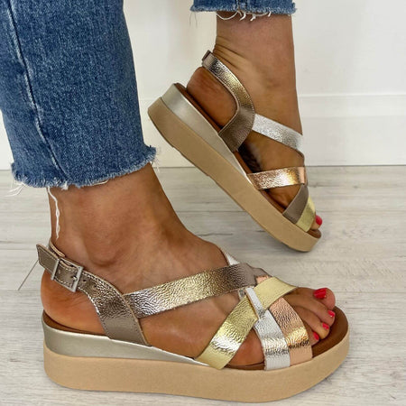 Oh My Sandals Crossover Leather Wedge Sandals - Bronze