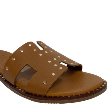 Oh My Sandals Tan Leather Gold Studded Slip On Mules