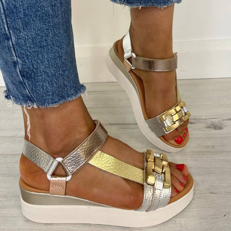 Oh My Sandals Gold Hardware Metallic Leather Wedge Sandals