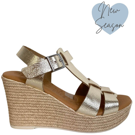 Oh My Sandals Gold Leather T Bar Strap Wedge Sandals