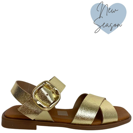 Oh My Sandals Gold Metallic Leather Crossover Strap Flat Sandals