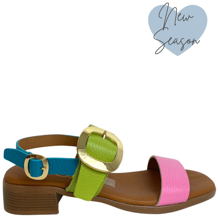 Oh My Sandals Green & Pink Leather Small Heel Strappy Sandals