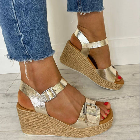 Oh My Sandals High Wedge Buckle Leather Sandals - Pale Gold
