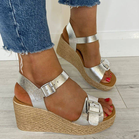 Oh My Sandals High Wedge Buckle Leather Sandals - Silver
