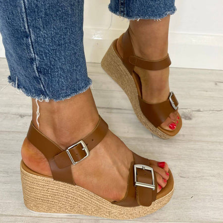 Oh My Sandals High Wedge Buckle Leather Sandals - Tan