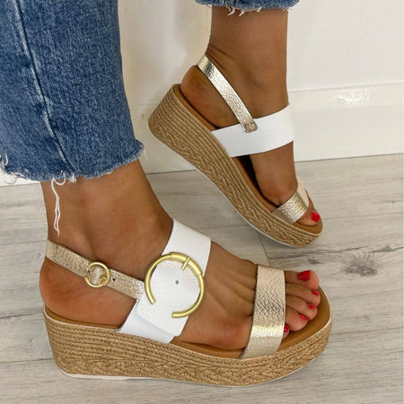 Oh My Sandals Large Buckle Wedge Sandals - Gold