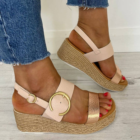Oh My Sandals Large Buckle Wedge Sandals - Nude