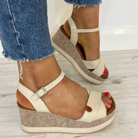 Oh My Sandals Leather Crossover Wedge Sandals - Cream