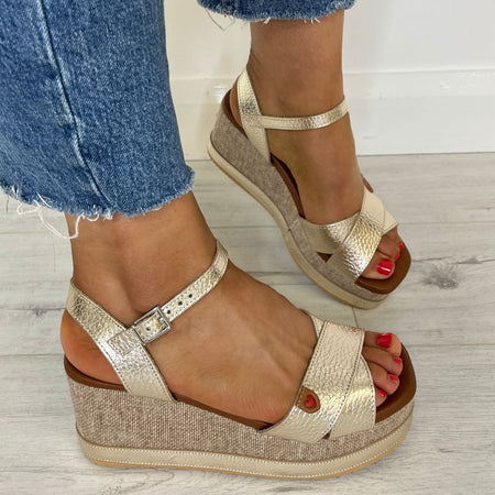 Oh My Sandals Leather Crossover Wedge Sandals - Pale Gold