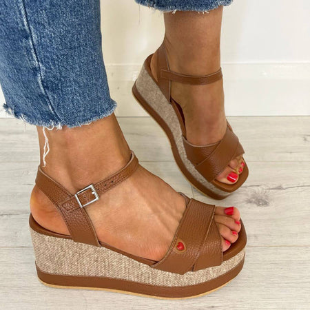 Oh My Sandals Leather Crossover Wedge Sandals - Tan