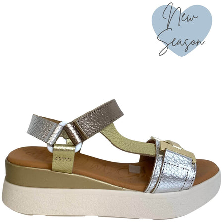 Oh My Sandals Metallic Leather Velcro Strap Elevated Sole Sandals