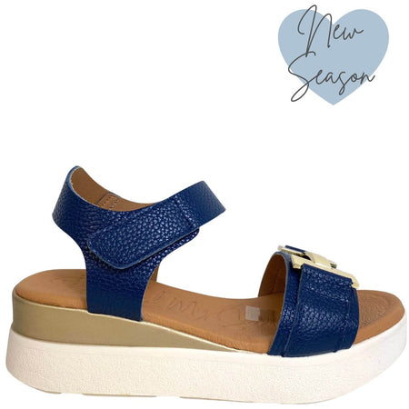 Oh My Sandals Navy Leather Velcro Strap Small Wedge Sandals