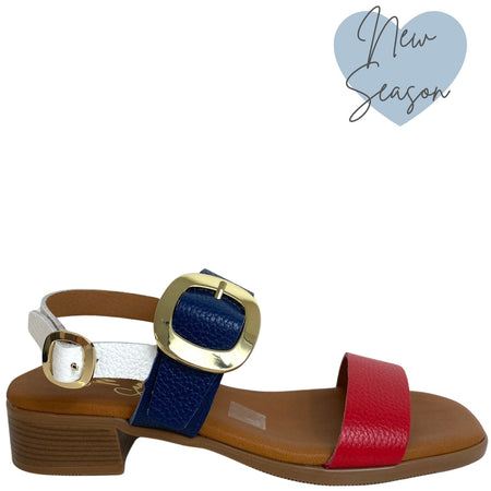 Oh My Sandals Navy & Red Leather Small Heel Strappy Sandals