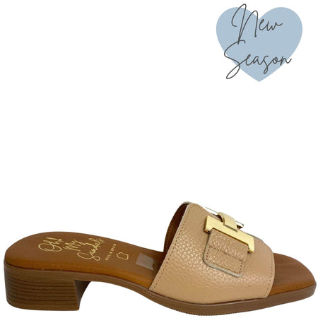 Oh My Sandals Pale Tan Leather Small Heel Slip On Mules