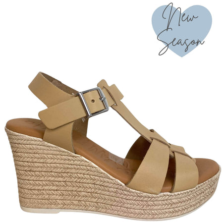 Oh My Sandals Pale Tan Leather T Bar Strap Wedge Sandals