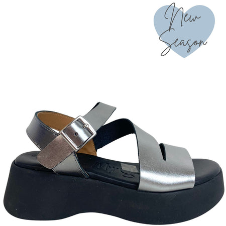 Oh My Sandals Silver & Black Chunky Buckle Ankle Strap Sandals