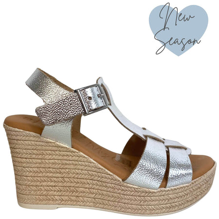 Oh My Sandals Silver Leather T Bar Strap Wedge Sandals