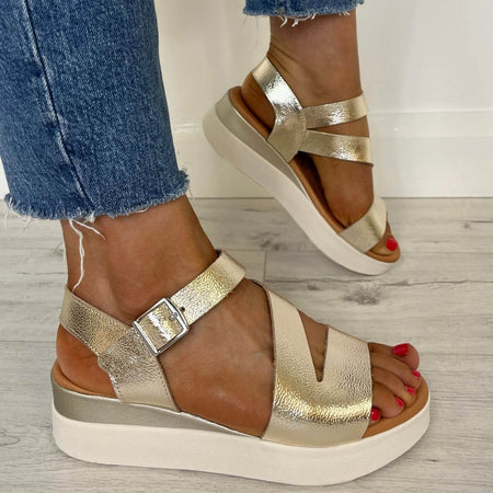 Oh My Sandals Small Wedge Leather Sandals - Pale Gold