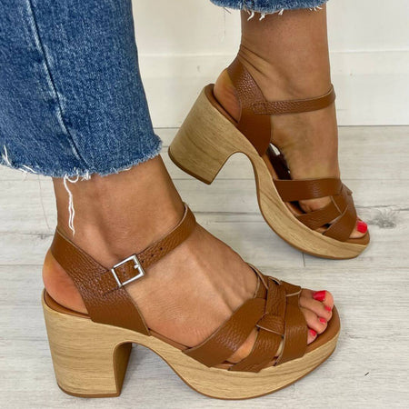Oh My Sandals Small Wedge Leather Sandals - Tan