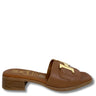 Brown sandal with gold buckle on a white background