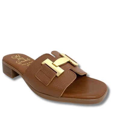 Brown sandal with gold buckle on a white background