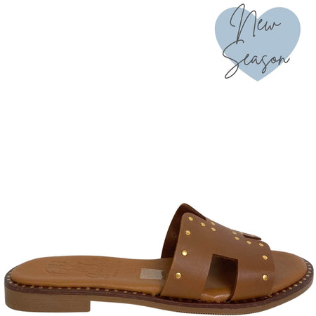 Oh My Sandals Tan Leather Studded Slip On Flat Mules