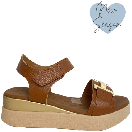 Oh My Sandals Tan Leather Velcro Strap Small Wedge Sandals