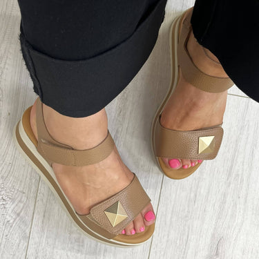 Oh My Sandals Taupe Leather Velcro Ankle Strap Small Wedge Sandals