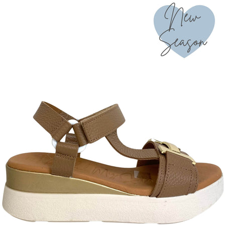 Oh My Sandals Taupe Leather Velcro Strap Elevated Sole Sandals