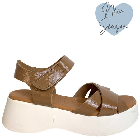 Oh My Sandals Taupe Patent Leather Velcro Ankle Strap Sandals