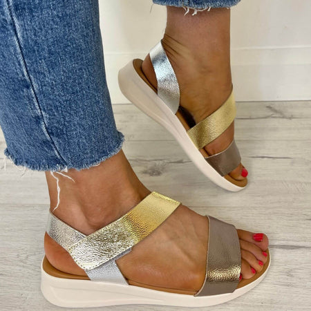Oh My Sandals Velcro Strap Leather Sandals - Gold Silver