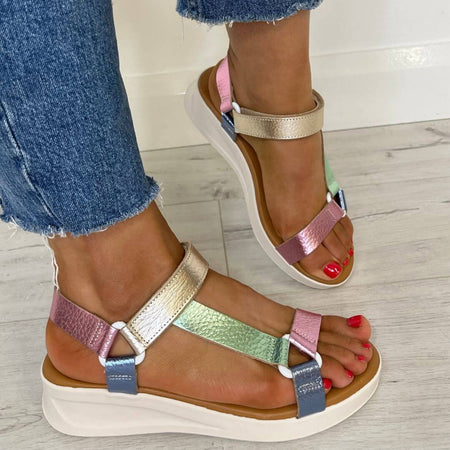 Oh My Sandals Velcro Strap Leather Sandals - Pink Multi