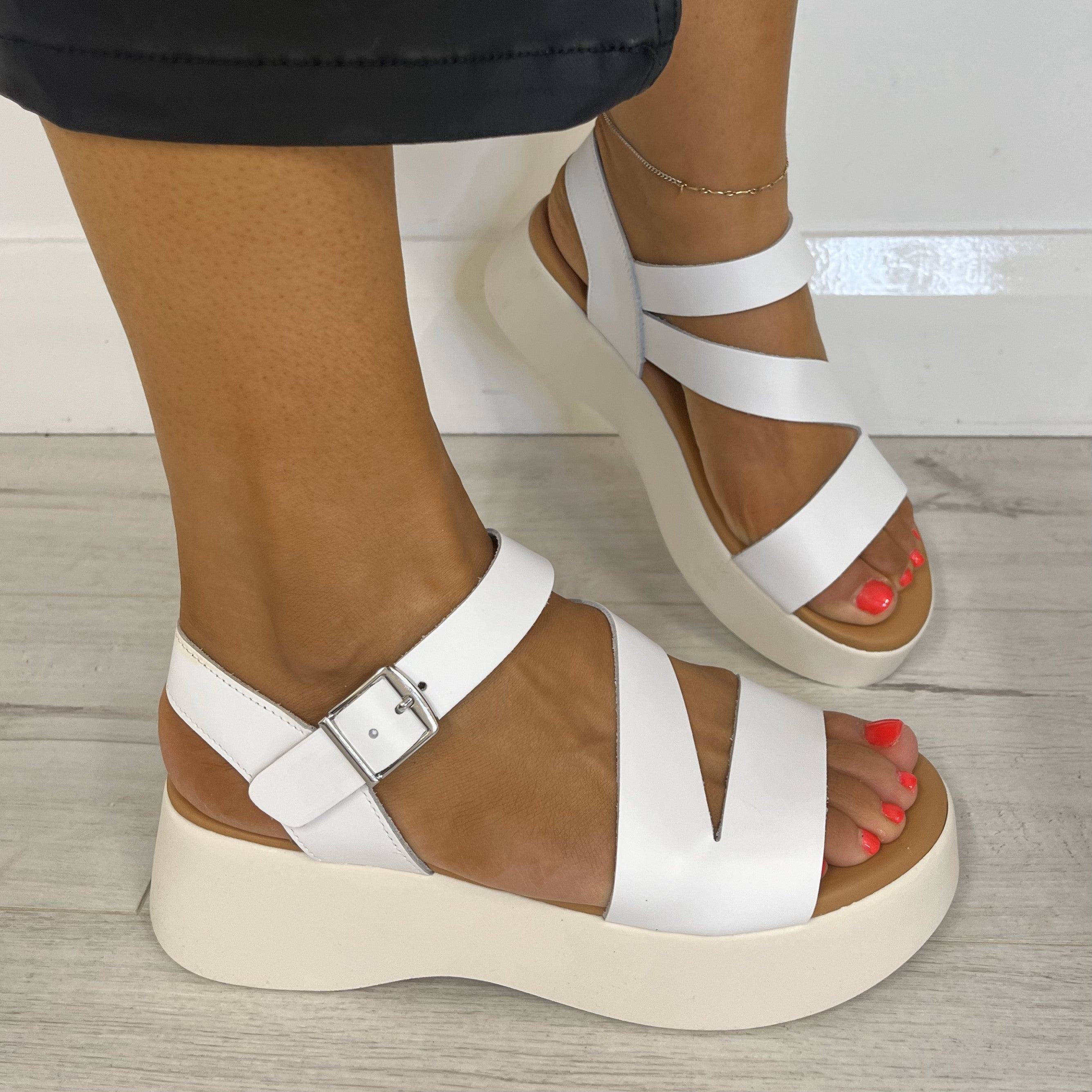 Oh My Sandals White Chunky Buckle Ankle Strap Sandals 5685