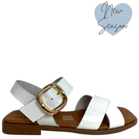 Oh My Sandals White Leather Crossover Strap Flat Sandals