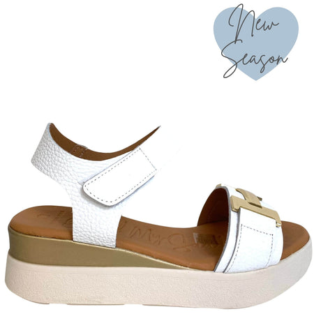 Oh My Sandals White Leather Velcro Strap Small Wedge Sandals