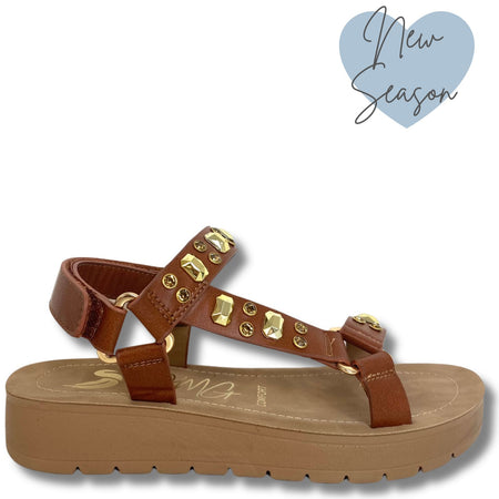 OMG Pletena Studded Sandals - Tan