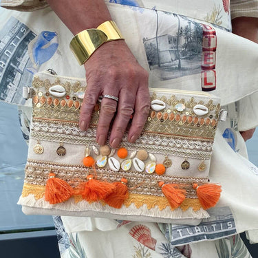 Beige & Orange Tassel Zip Pouch Bag