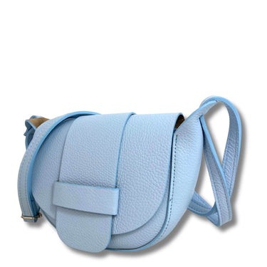 Light blue handbag with a strap on a white background