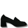 A single black suede block-heel penny loafer shown in profile against a plain white background.