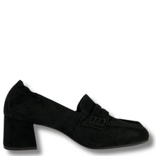A single black suede block-heel penny loafer shown in profile against a plain white background.