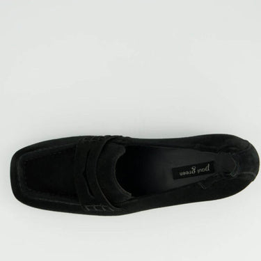 A black suede penny loafer shoe shown from a top-down view on a light gray background. The brand name 'poa green' is visible on the insole.