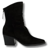 A black suede ankle boot with a low block heel, pointed toe, and a side zipper, shown against a plain white background.