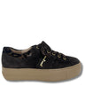A single black suede platform sneaker by Paul Green, featuring a black and gold leopard print lining, black laces, gold eyelets, and a thick tan sole, shown against a plain white background.
