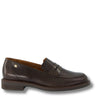 A dark brown leather penny loafer shown in a side profile view against a plain white background.