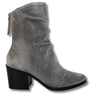 A single gray suede ankle boot with a black block heel, shown from a side profile view against a white background.