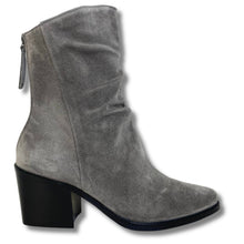 A single gray suede ankle boot with a black block heel, shown from a side profile view against a white background.