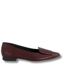 A single burgundy leather flat shoe with a pointed toe and a decorative side tab, shown from a side profile on a white background.