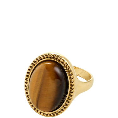 Gold ring with a brown gemstone on a white background